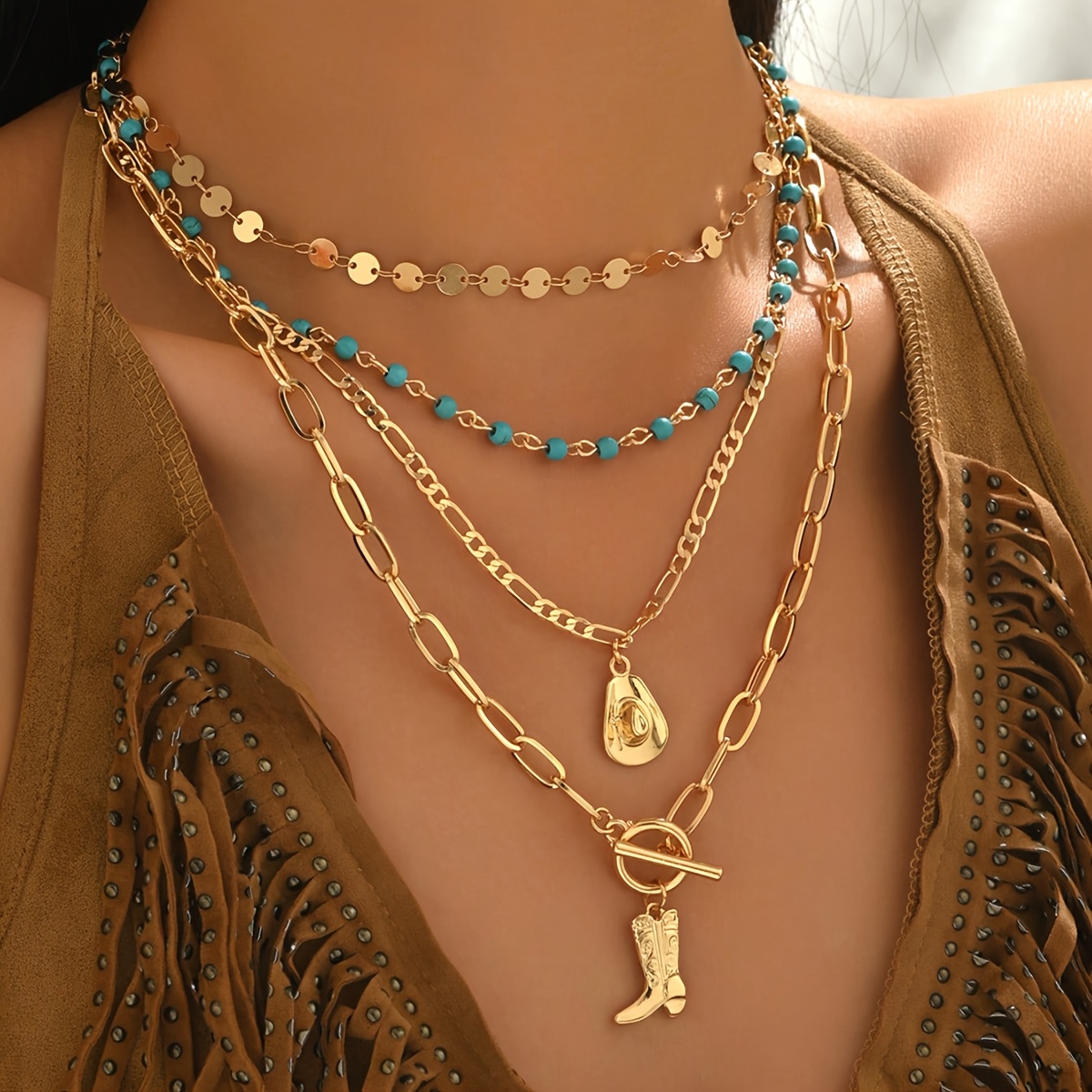 TEMU 4pcs Set: Alloy Turquoise Ot Clasp Pendant Necklace Set, Vintage Latin American Ethnic Style Boots & Cowboy Hat Round Disc Necklace Stackable