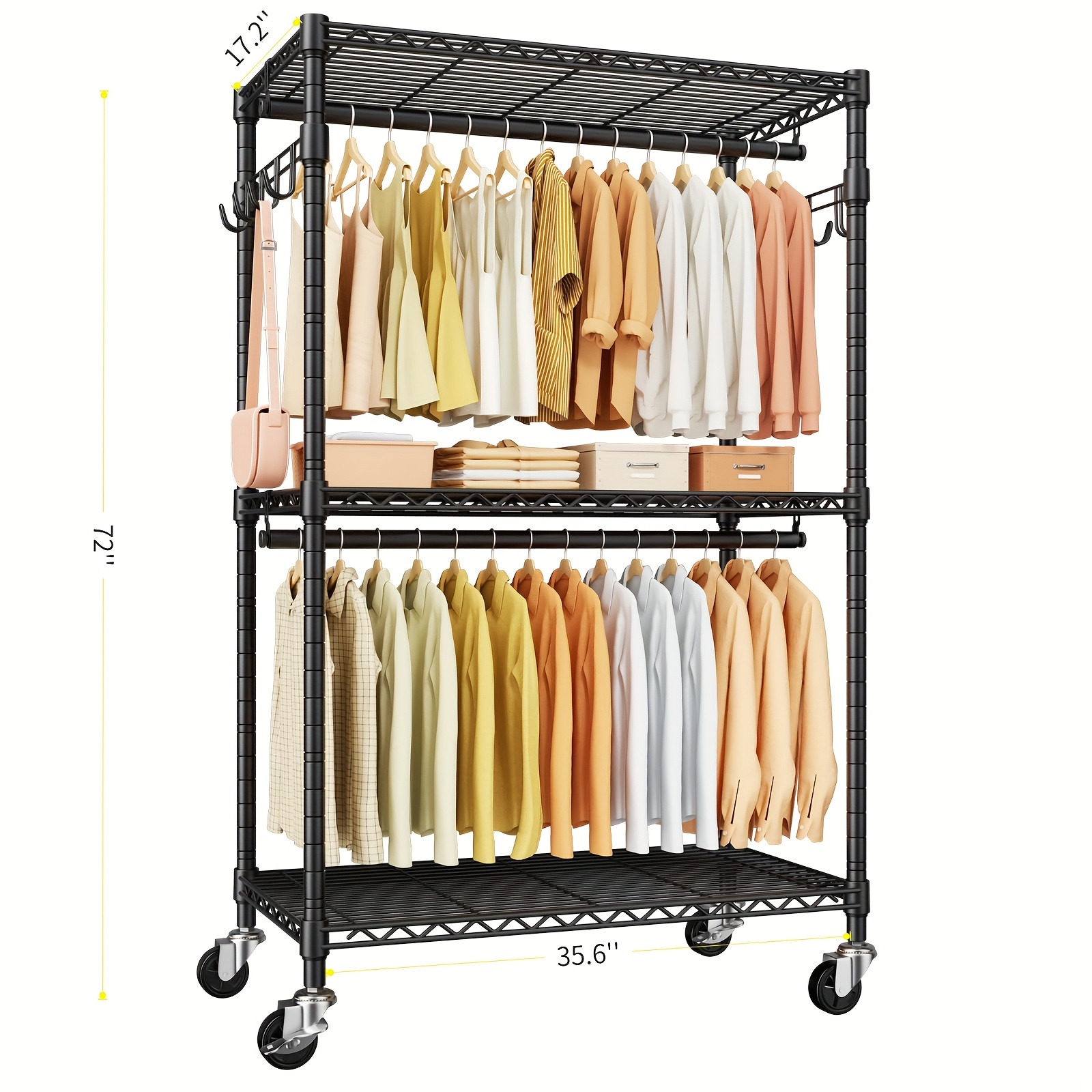 TEMU Rolling Garment System | 3-tier W/dual Rods And 2 Side Hooks | 450lb Carbon Steel Closet On Locking Wheels | For Boutique/warehouse/home (80.5"