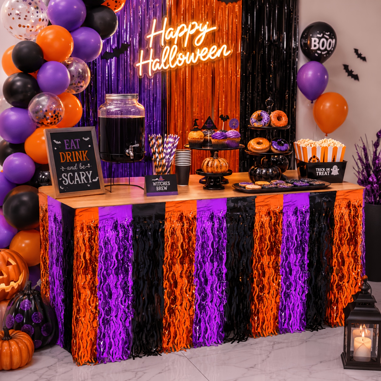 Image of 1pc Halloween Purple Tassel Table Skirt, Glossy Party Table Edge Decoration, Dessert Table Setting Background Decor, Halloween Party Supplies