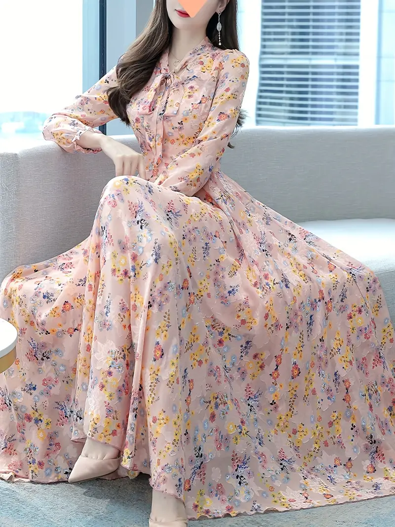 bowknot v neck floral chiffon dress fashionable and casual long sleeved waist wide hem bohemian style printed long skirt Product details 4