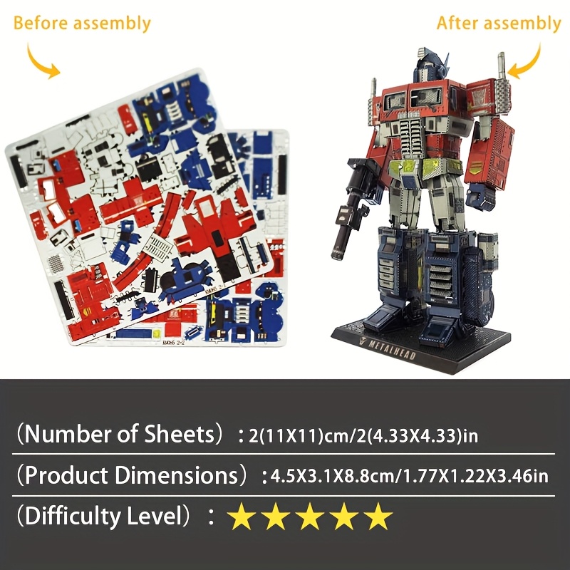Miniature figurine set, wild mold of Transformers, color Optimus Prime, metal DIY assembly model, no glue for 3D metal puzzle, birthday gift, brain exercise, holiday surprise