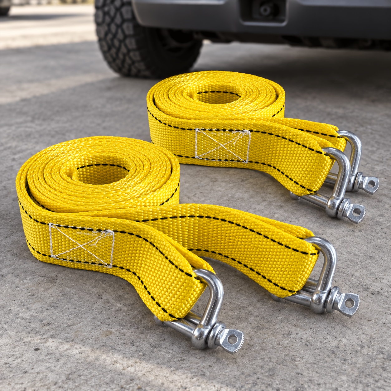 TEMU 2pcs Universal Yellow Outdoor Vehicle Recovery Tow Rope, 3-meter Towing Strap With Metal Hooks - Durable And Flexible, Suitable For Vehicle