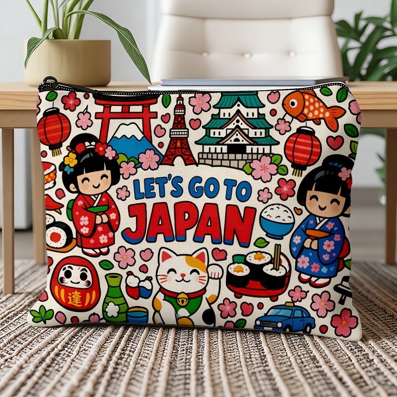 TEMU 1pc Vintage Cute " Go To Japan" Slogan Makeup Bag, Lightweight And Portable/multi-functional Storage, For Travel Toiletries/, Influencer
