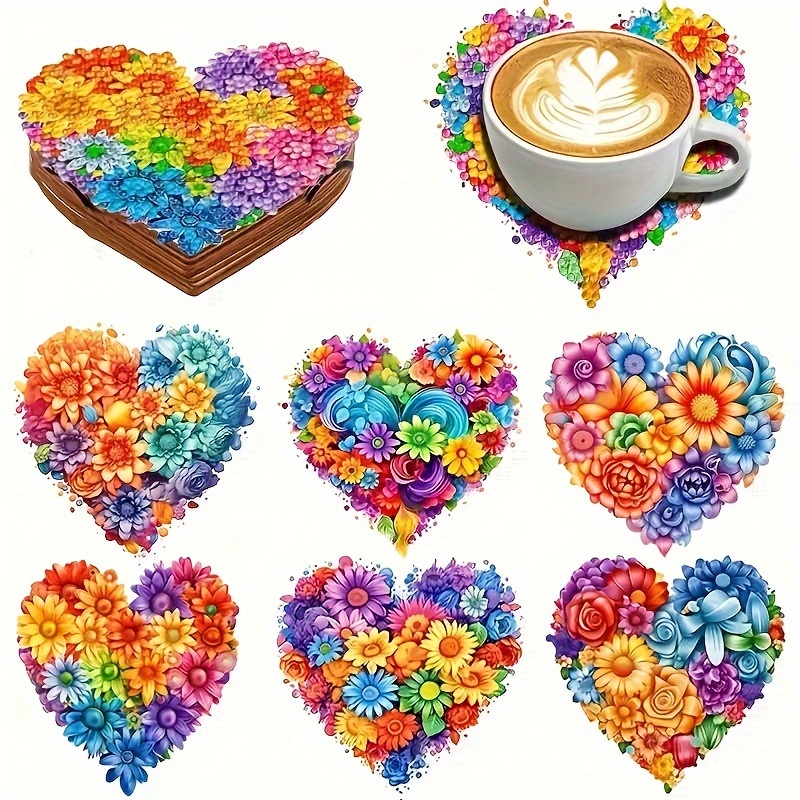 

6-pack Diy Diamond Painting Coasters Kit, Wooden Love Heart Mosaic Art Beverage Mats, Non-slip Table Pads For Christmas Decoration, Handcrafted Gift Set