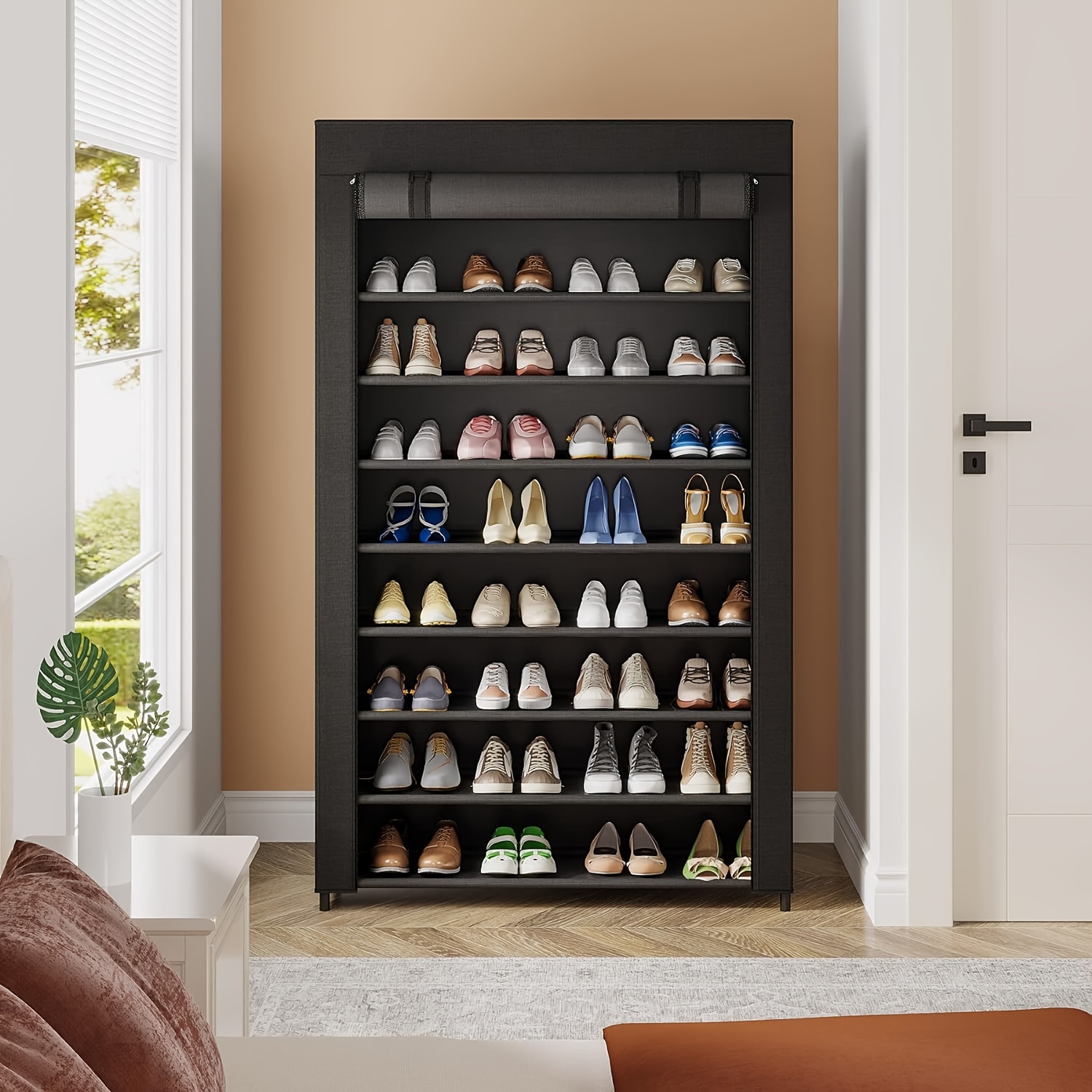 

1set 10 Tier Shoes Rack With Cover, Shoes Racks Organizer For Closet, Black Vertical Shoe Shelf For Entryway, 50 Pair Large Shoe Stand, Non-woven Shoe Storage Cabinet