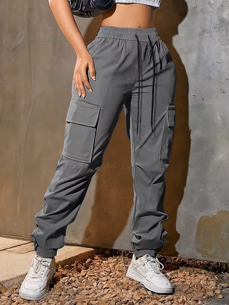 womens fashion casual trendy solid color drawstring waist cargo pants with large pockets suitable for sports streetwear and casual attire Product details 1