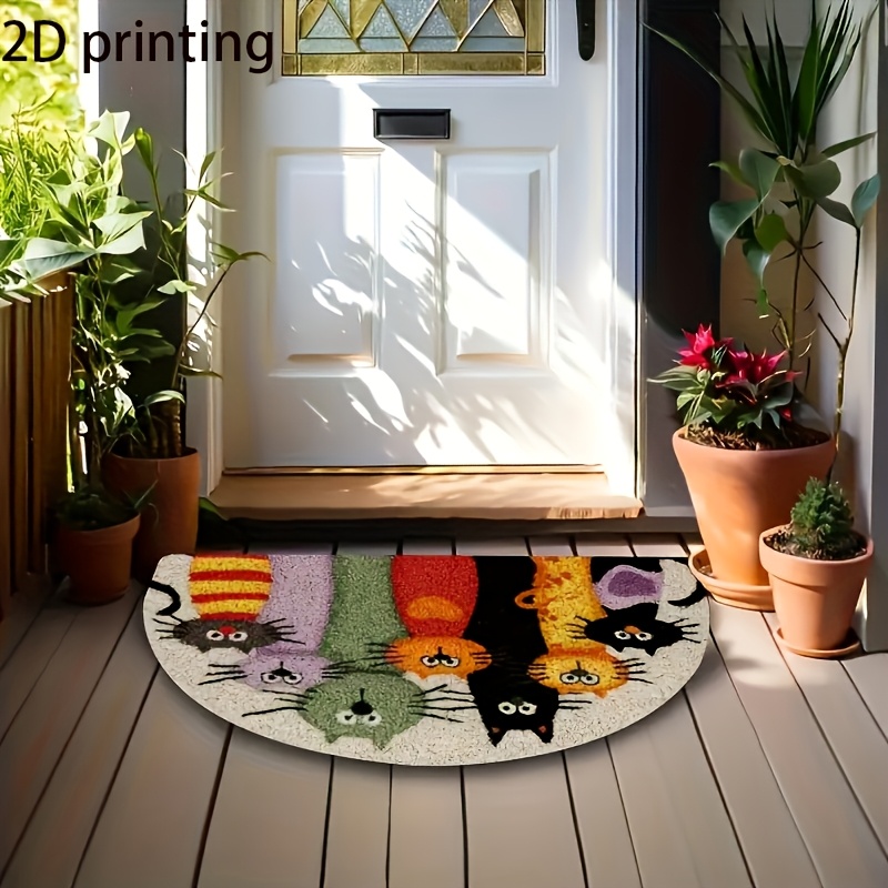 TEMU 1pc 2d Flat Cartoon Cat Door Mat, Semicircular Polyester Doormat For Entryway, Kitchen, Living Room, Bedroom, Machine Washable, Unnapped Woven