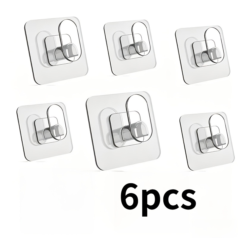 TEMU 6pcs Adhesive Wall Hooks, Load Capacity Up To 22 Lbs (. 10kg), Upgraded Transparent Pc Material, No Drilling Required, Waterproof, Suitable For