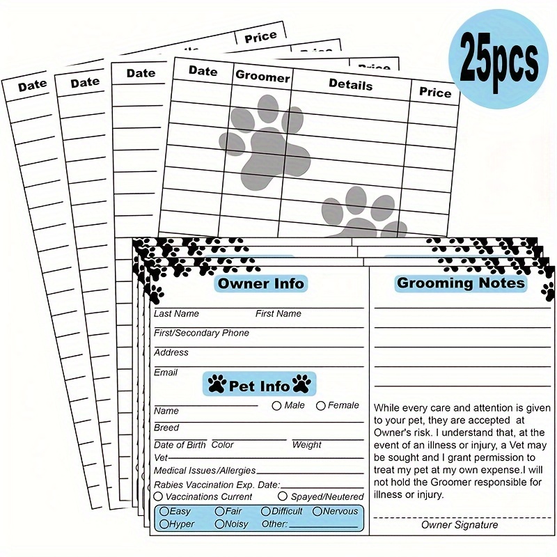 

25-pack Dog Grooming Report Cards With Pet Information And Owner Contact Details – 4x6 Inches Heavy-duty Cardstock For Cat Or Dog Grooming Client Records – Professional Pet Groomer Supplies