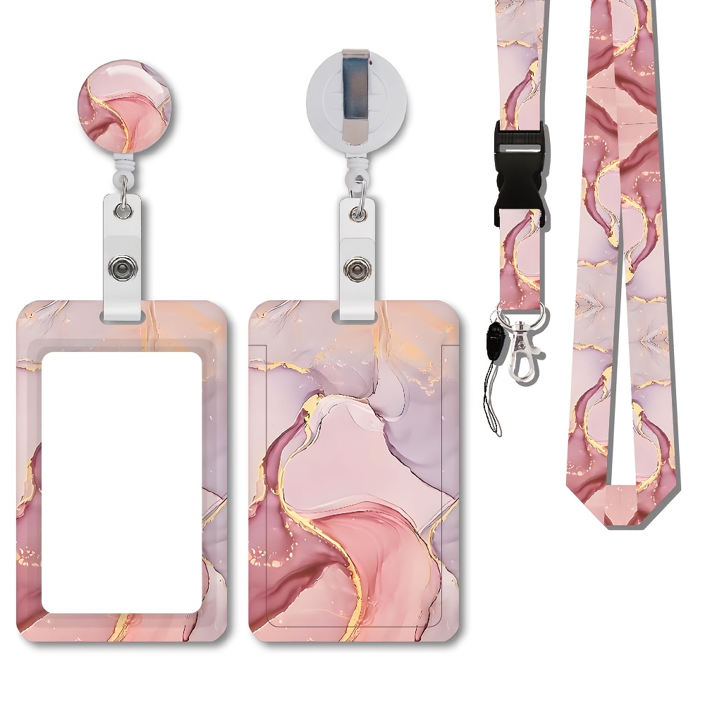 TEMU Porte-badge 2D rose à motif avec corde de suspension, défileur de badge extensible, prolongateur - Convient pour de bureau, les bus, les