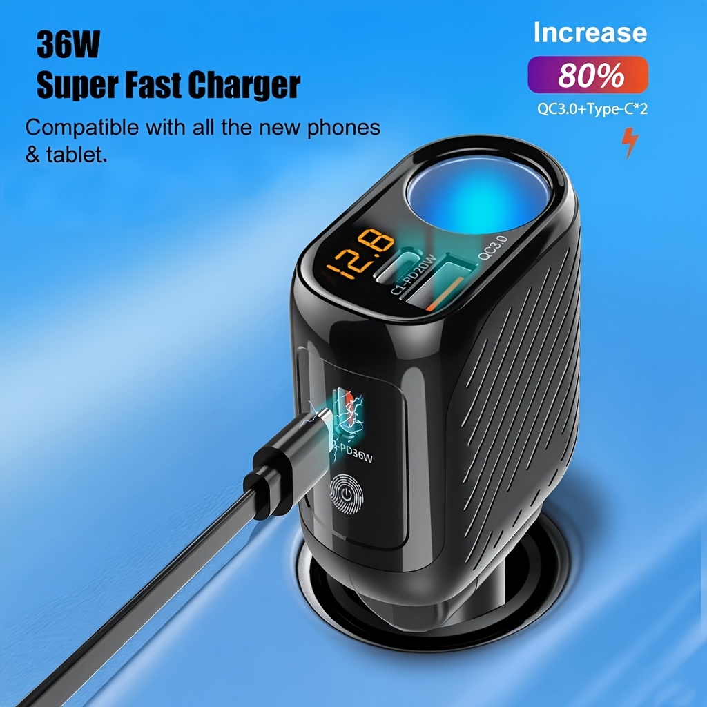 TEMU Chargeur de Voiture Super Rapide Haute Puissance 1 en 4 Têtes Prise -Cigare Intelligent PD36W avec Affichage Numérique Chargeur Rapide pour