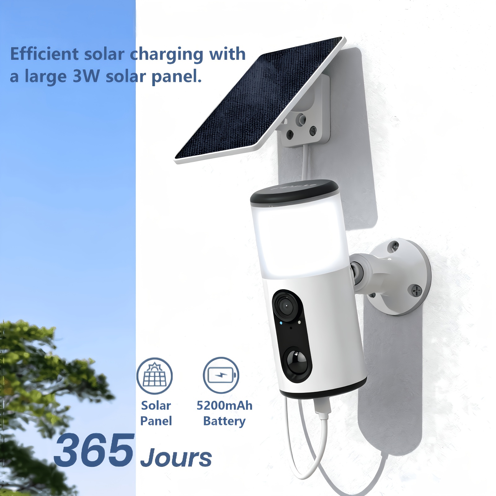 TEMU Caméra extérieure solaire fil avec projecteur, vision couleur, audio bidirectionnel, alarme à détection de mouvement, prise en charge de