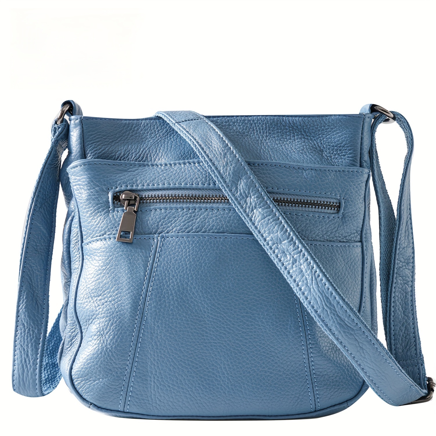 

Light Blue Genuine Leather Crossbody Bag For Women - Stylish Square Shoulder Purse With Adjustable Strap, Multi- & Zipper Closure, Casual Use, Small Crossbody Bag