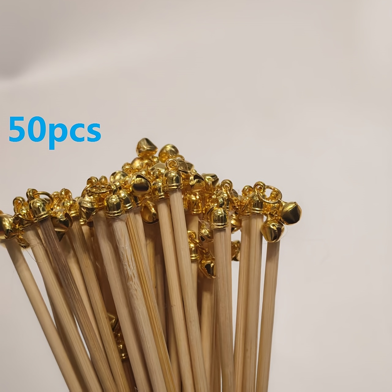 Image of 50pcs 30cm/11.8in/1in Bamboo Craft Sticks With Bells, Small Bell Bamboo Sticks, Craft Bell Bamboo Sticks, Round Bamboo Sticks, Diy Handmade Model Material, Bell Bamboo Rods