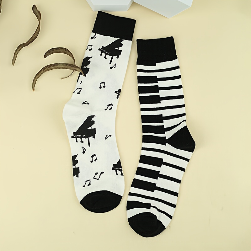 

2 Pairs Piano & Music Notes Socks, Street Style Breathable Mid Tube Socks, Women's Stockings & Hosiery