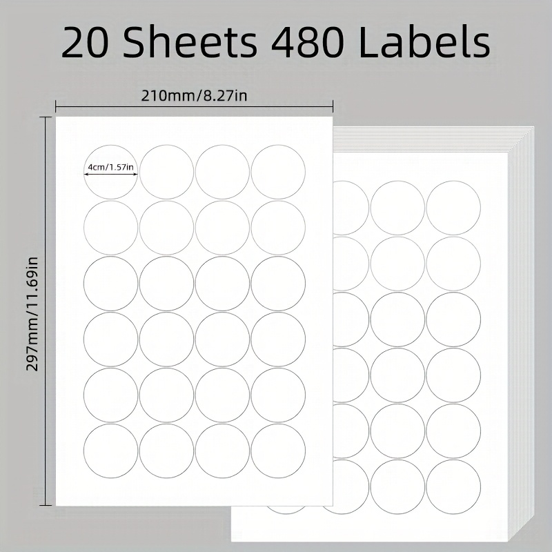 TEMU 480pcs Of 4cm Diameter Round White Labels, With 24 Round Labels Per A4 Sheet, Totaling 20 Sheets. Suitable For Packaging Seals, Gifts, And