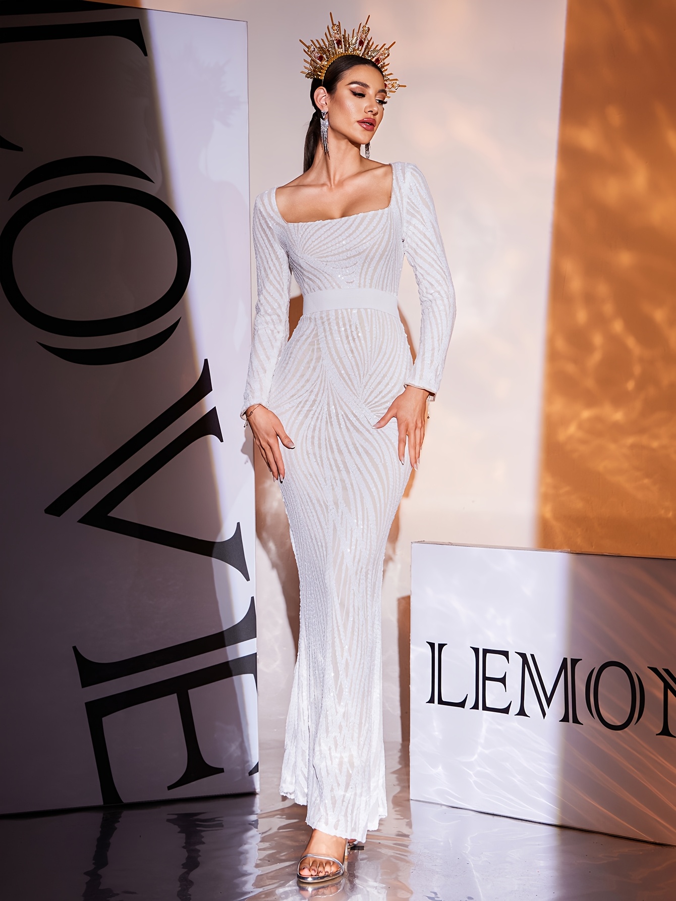 sequin square neck long sleeve white dress | Temu Mauritius
