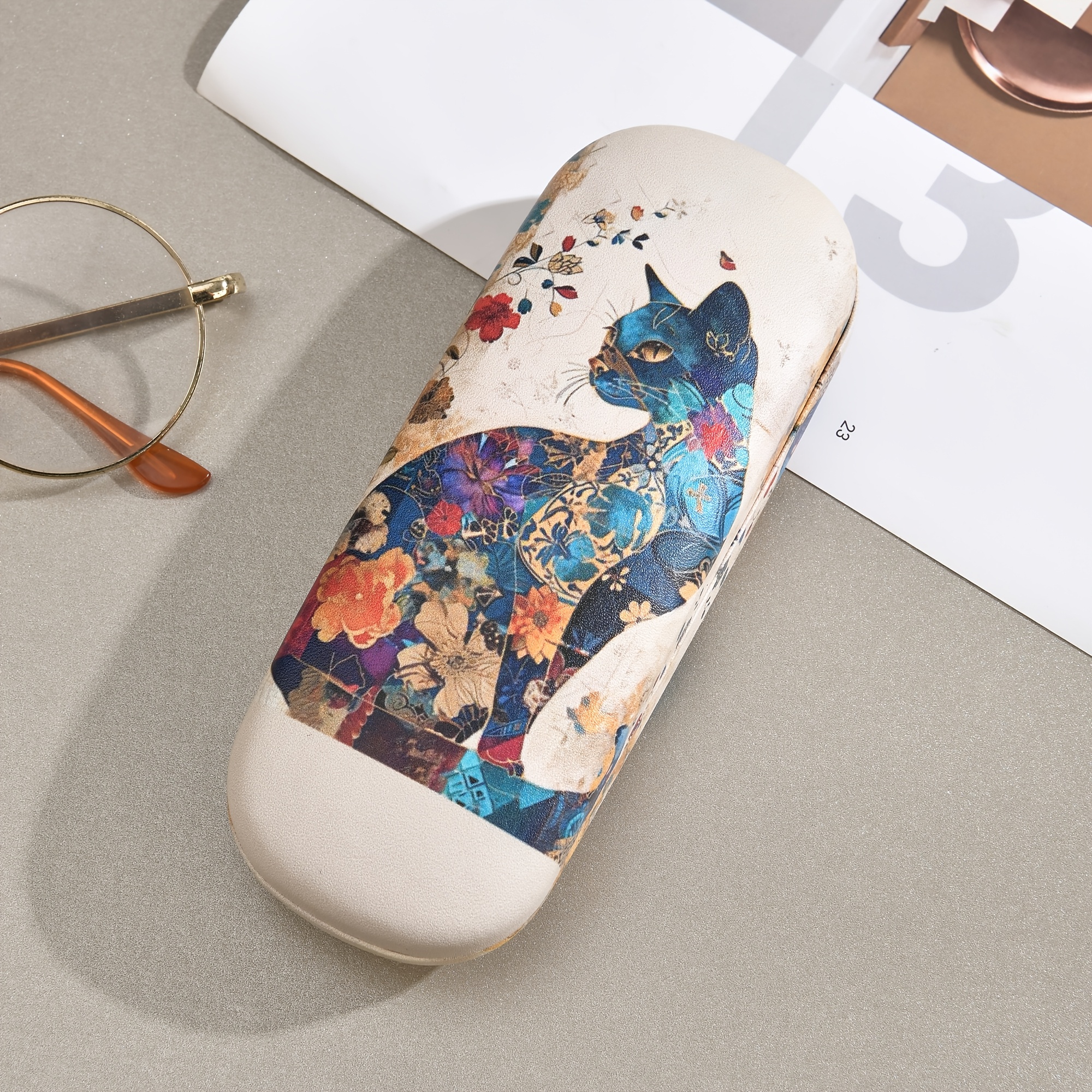 TEMU 1pc Vintage Cat And Floral Elements Eyeglass Case, Portable And Pressure-resistant, Storage Box, Double-sided Opening, Unisex, Exquisite Vintage