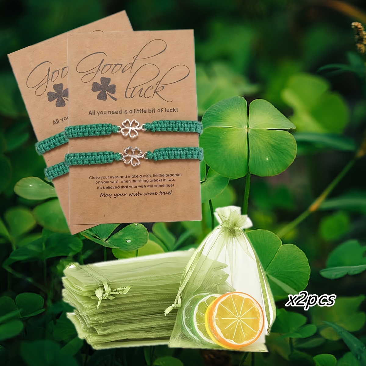 4 Hollow Clover Braided Couple Friendship Bangle Bangle Bracelet Adjustable Green Handmade Cord Bangle Bangle Bracelet , + Organza Bag