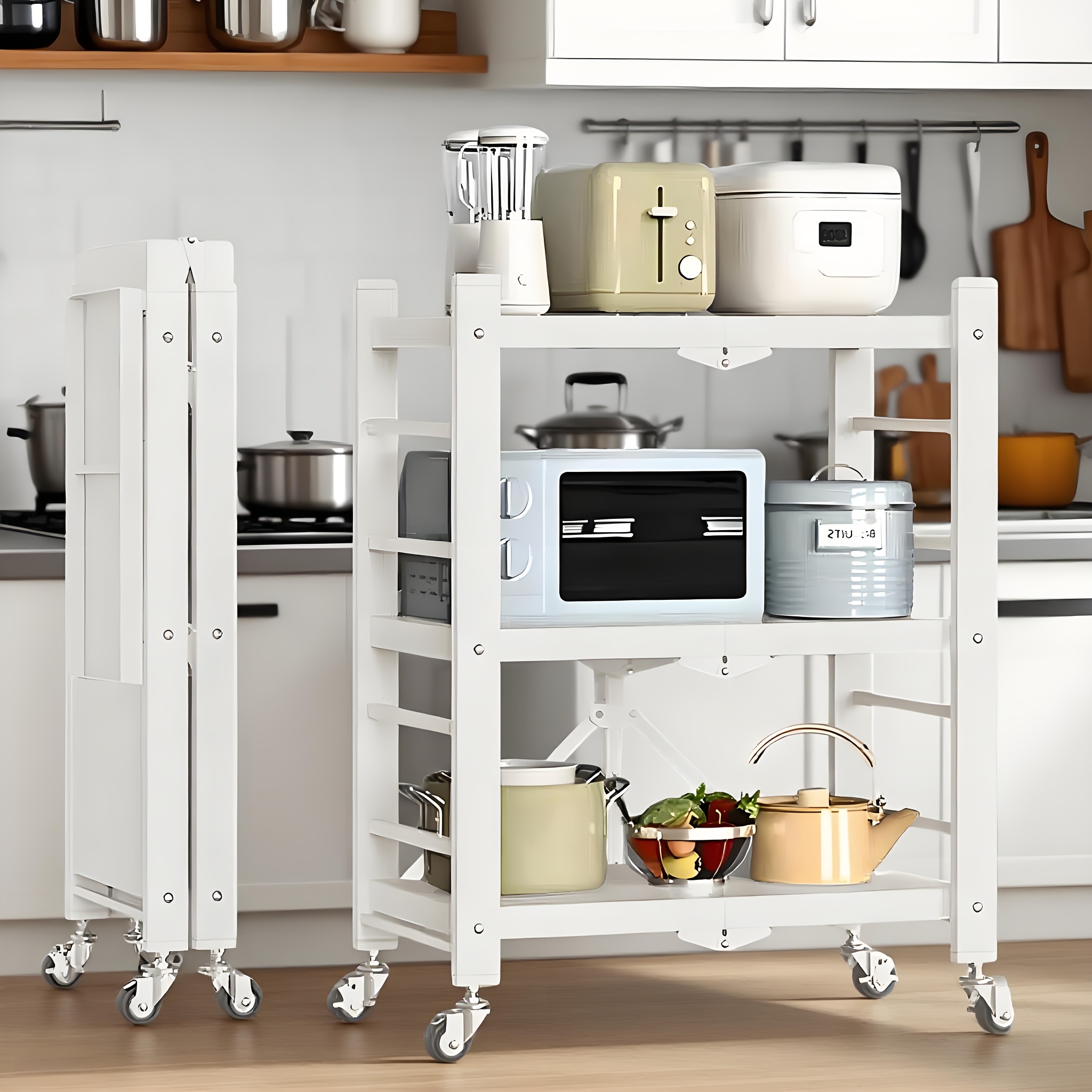 TEMU Heavy-duty Foldable Mobile Kitchen Cart - 3-tier Metal Countertop Organizer With Locked Casters, Space- Microwave/oven/toaster/oven Rack, No