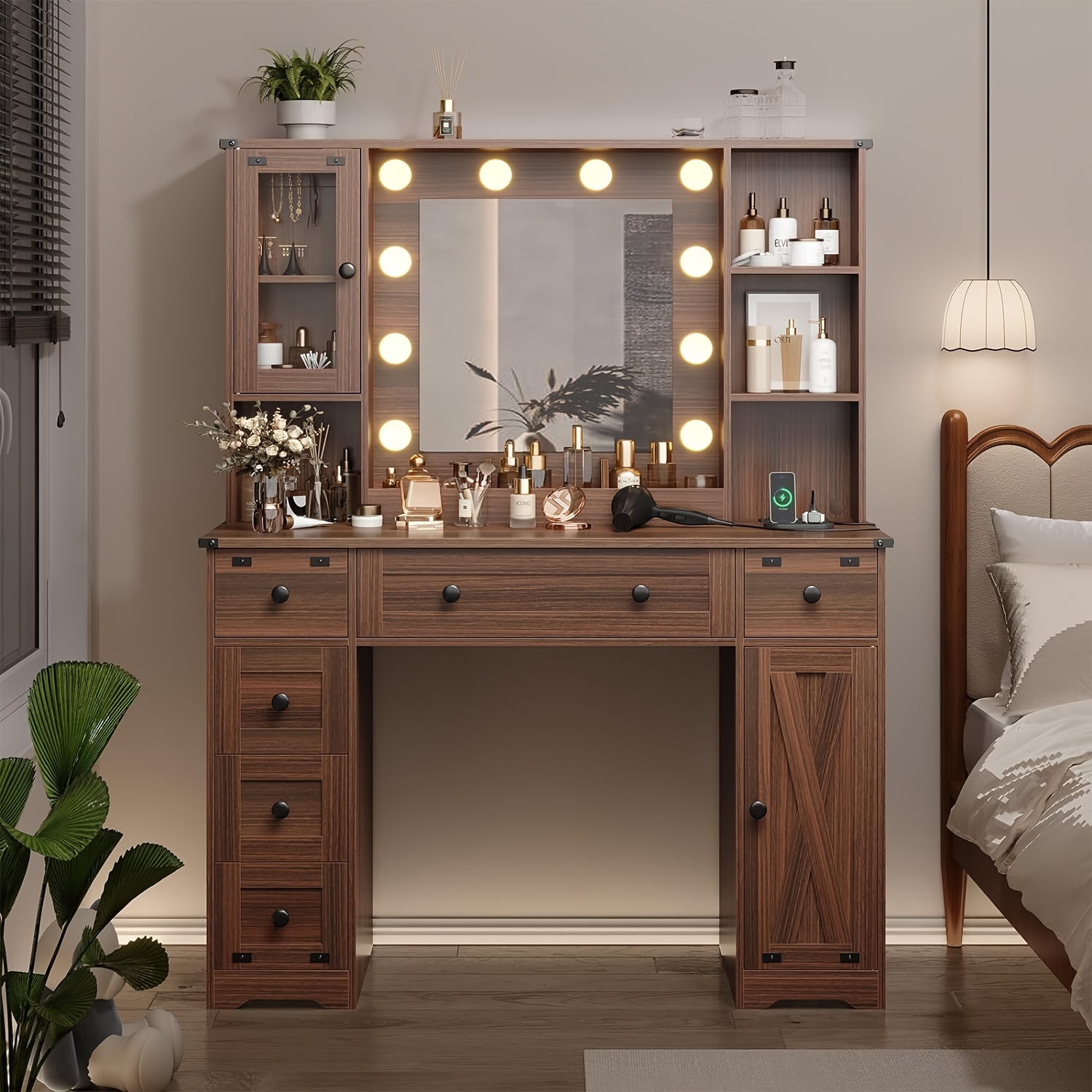 

1pcs Brown Vanity Desk With Mirror And Lights, Farmhouse Vanity Table With Charging Station, Makeup Dressing Table With 6 Drawers And 2 Cabinets, For Bedroom