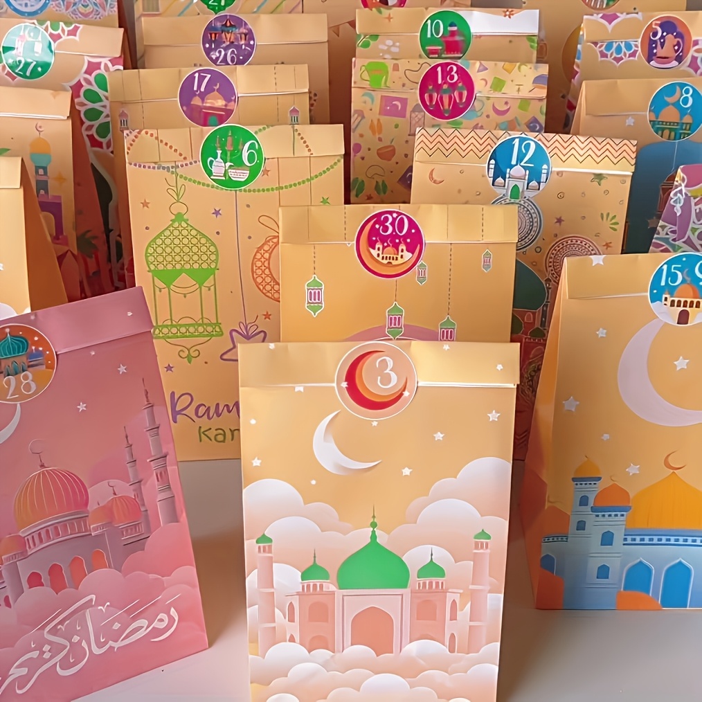 

A Set Of 60 Ramadan-themed Paper Bags, Complete With A Countdown Calendar Stickers For Ramadan. This Includes 30 Bags And 30 Countdown Seal Stickers.