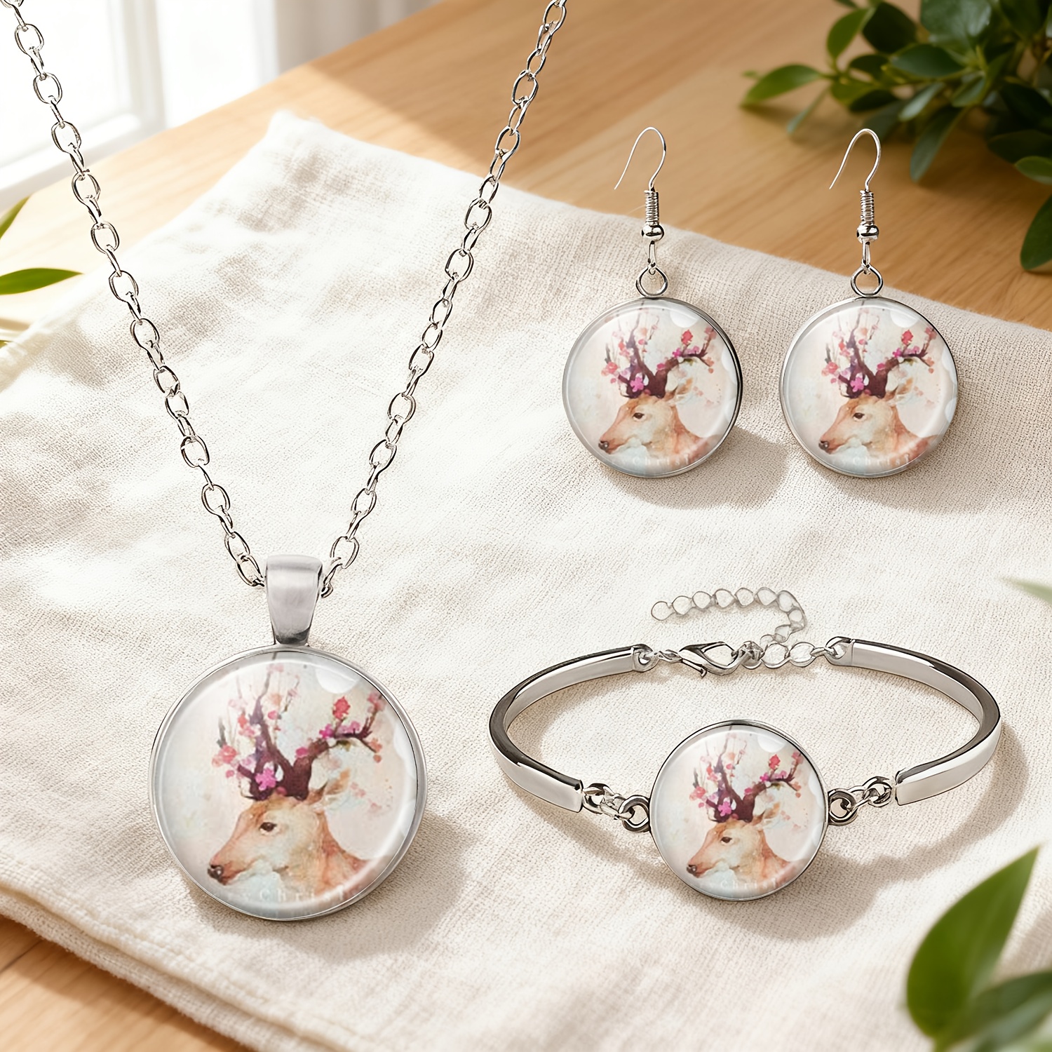 4pc Floral Deer Head Jewelry Set, Necklace & Earrings