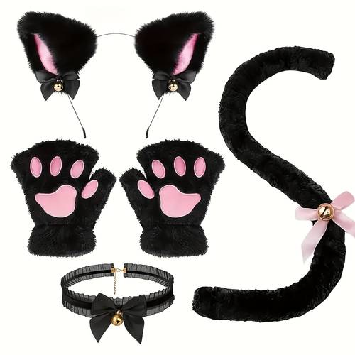 5pcs cat costume set including hair band gloves collar and tail black and white theme clothing suitable for halloween birthdays theme parties cat lovers and parties character costumes theme party role playing festival costume