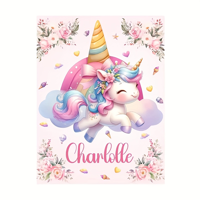 Personalized Name Flannel Blanket with Unicorn and Floral Design