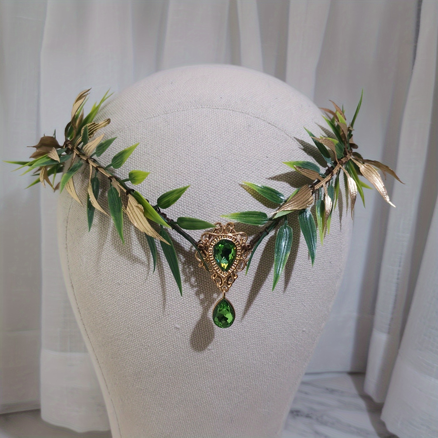 

Elegant Handmade Fairy Flower Headband - Green & Golden Elf Crown With Leaf Design, Renaissance, Christmas, Weddings, And Cosplay