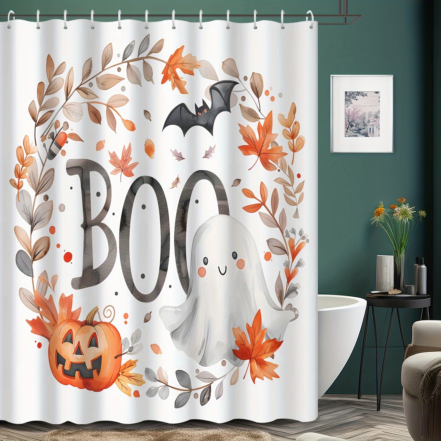 

Boo & Pumpkin Shower Curtain - Waterproof, Cartoon Bat & Maple Leaf Design With Hooks Included, All