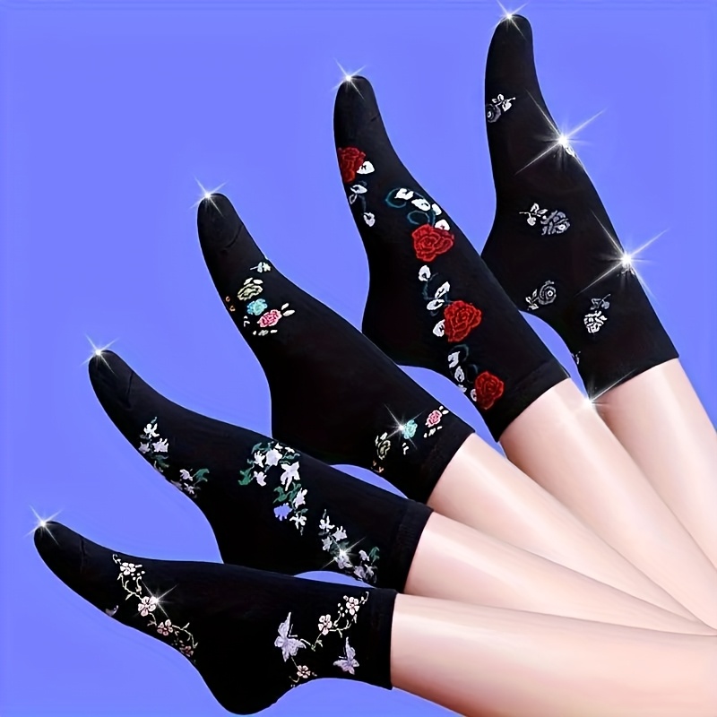 5 Pairs Of Black Floral Mid-calf Socks For Women