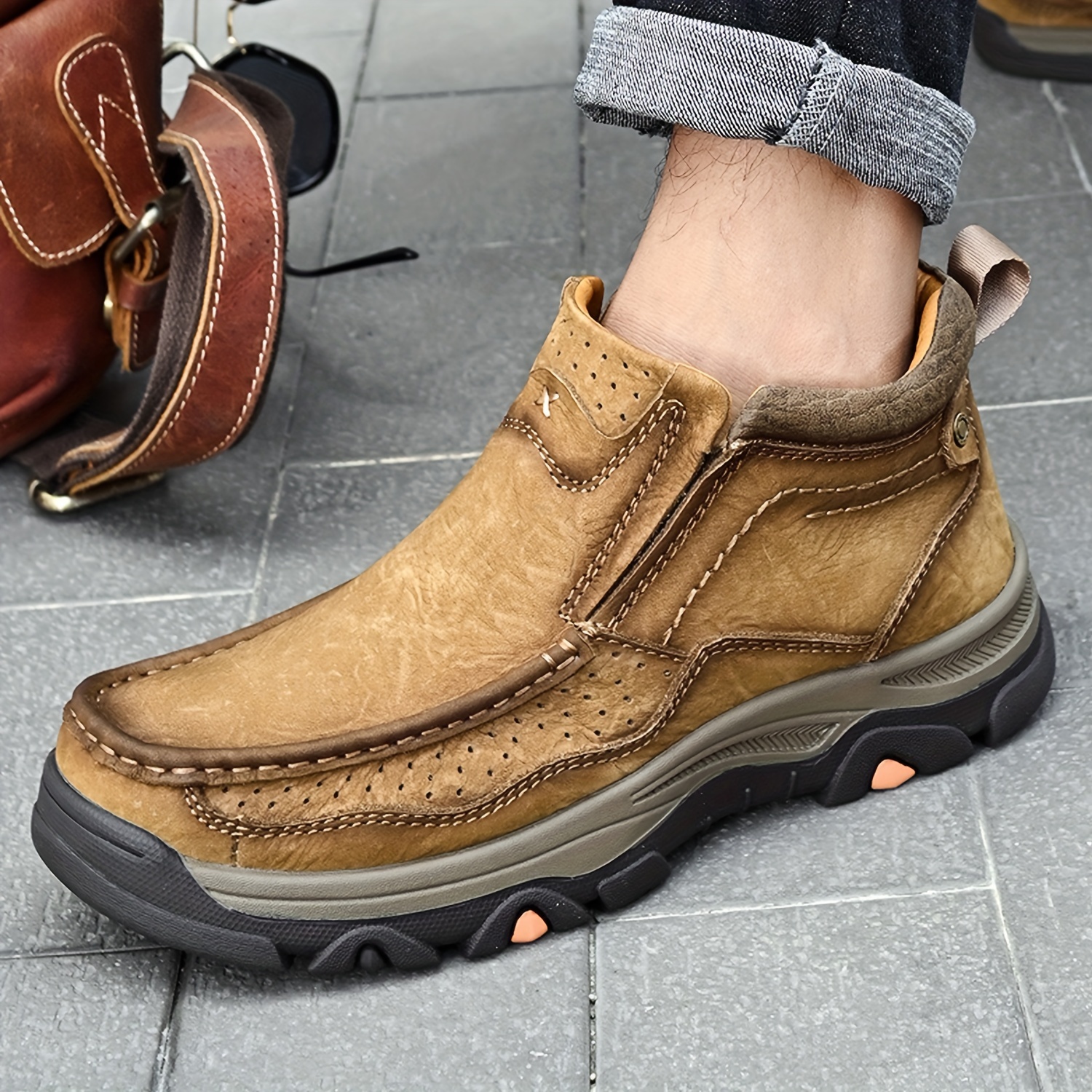 Herr höga läderloafers klassiska slip on vardagsskor för utomhusbruk, vandring, avslappnad klädsel, bekväm ovandel i äkta läder med halkfri gummisula, vardagsskor, slipon loafers, slitstarka gummisuladetaljer 8