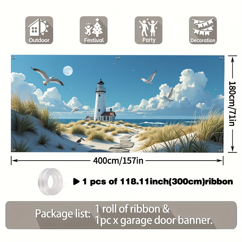 TEMU 1pc Lighthouse Beach Backdrop - Large Hanging Garage Wall Decor With , Sand , And (durable Polyester) - Ideal For Home, Party, Or Event Decor,