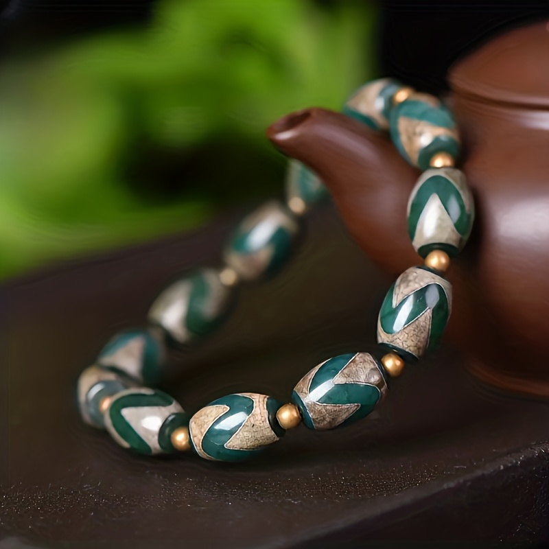 TEMU Bracelet en agate naturelle, motif en marbre vert - Bijou unisexe et lisse, idéal pour , les fêtes, les vacances - Choix parfait pour Halloween,