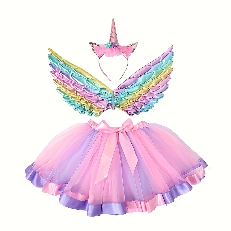 TEMU 3pcs Set, New Unicorn Design, Costume For Dress-up, Net Gauze Rainbow Role-playing Suit, Including A Skirt With Wings And Headband, Suitable For