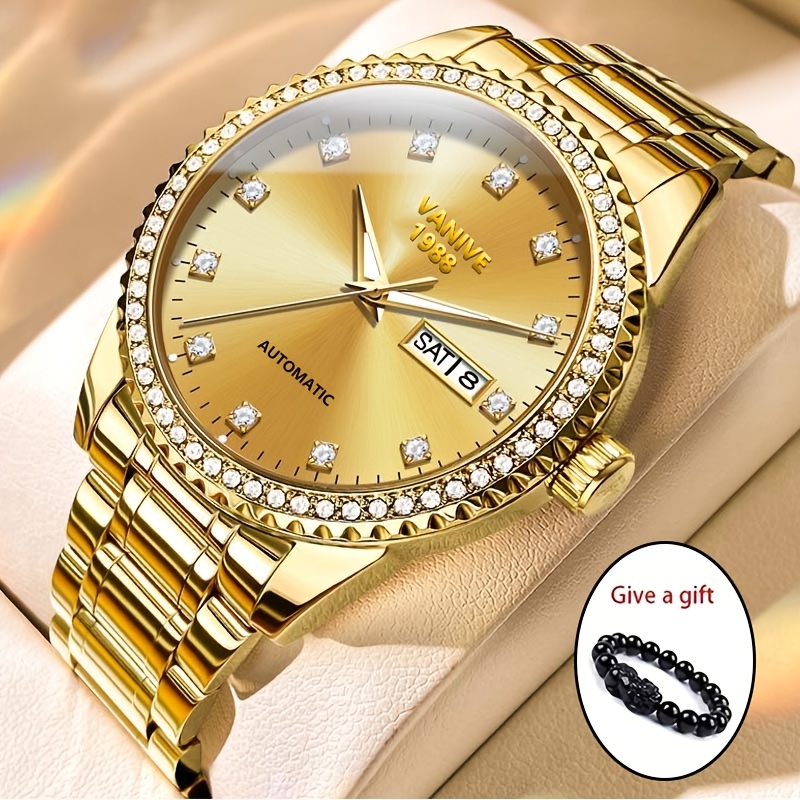 2026 New Fully Automatic Movement Watch, Gold-colored, Women's Fashion Trendy Easy Versatile Business Men's Watch, Suitable As A Gift For Holidays, For Christmas, Without Battery