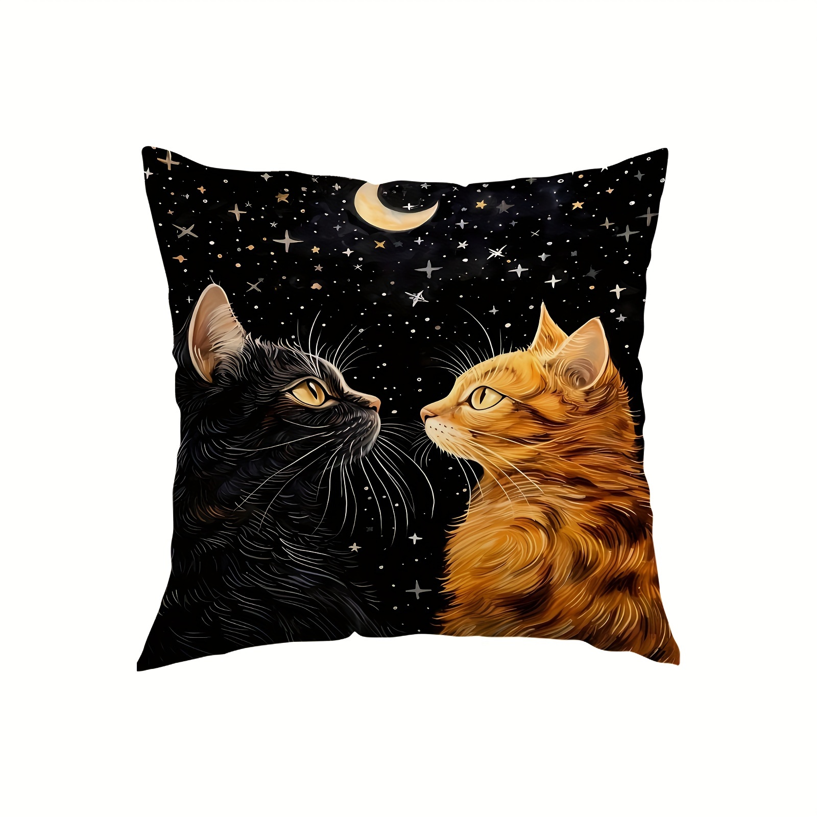 

1pc Starry Night Cats Plush Pillow Cover, 18x18in Zippered Single-sided Print Cushion Case, Contemporary Home Sofa & Bedroom Decor, Pillow Insert Not Included