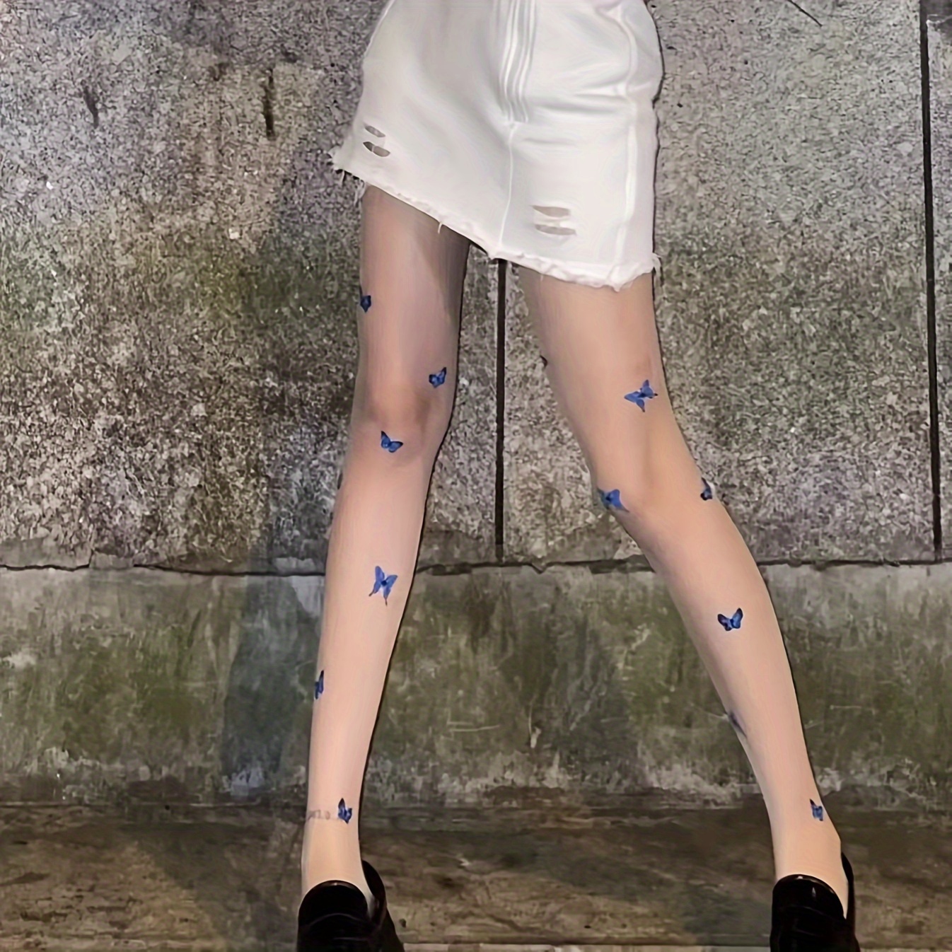 

Women's Blue Butterfly Print Ultra-thin Pantyhose, Sheer Tights With Delicate Pattern, Fashion Hosiery