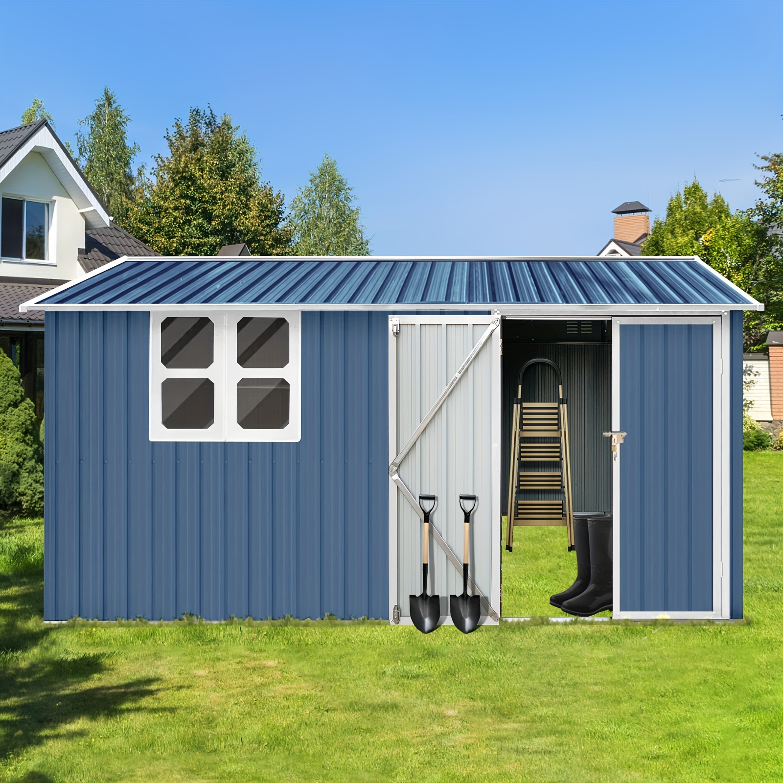 

Extra Large Sheds 10x12 Ft, With Window, Tiny House, Metal Storage Shed With Design Of Lockable Doors, Utility And Tool Storage For Garden, Backyard, Patio, Outside, White+blue