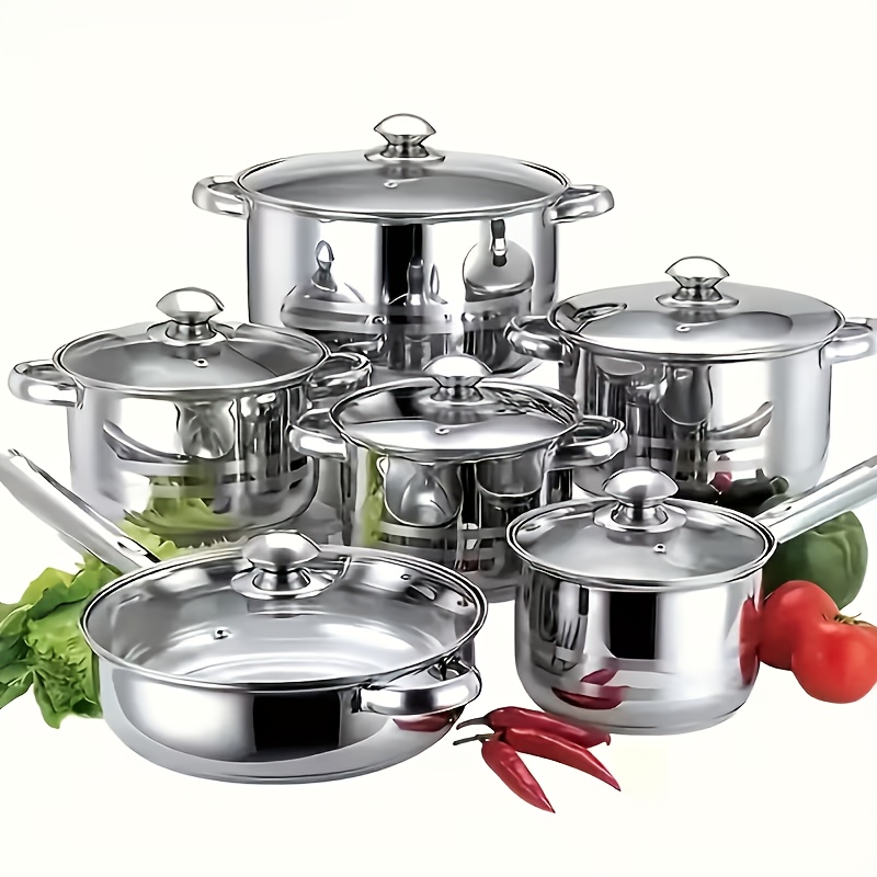 TEMU 12pcs Stainless Steel Pots Set 12pcs Kitchen Cookware Set, Non-toxic Cooking Set With Stay-cool Handles, Dishwasher Safe, Pots And Pans Set Cookware Sets With Glass Lid, Ideal Housewarming Gift