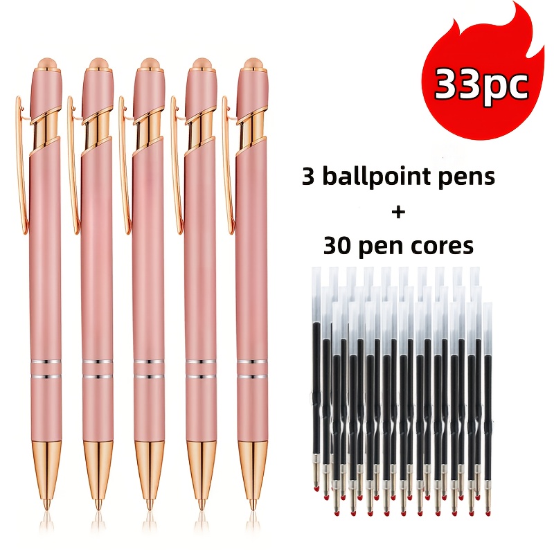 

33pcs Set, Metal Retractable Ballpoint Pens With Stylus Tip, Medium Point, Non-slip Grip, Touchscreen Compatible, Includes 30 Refills, Ideal For Daily Use