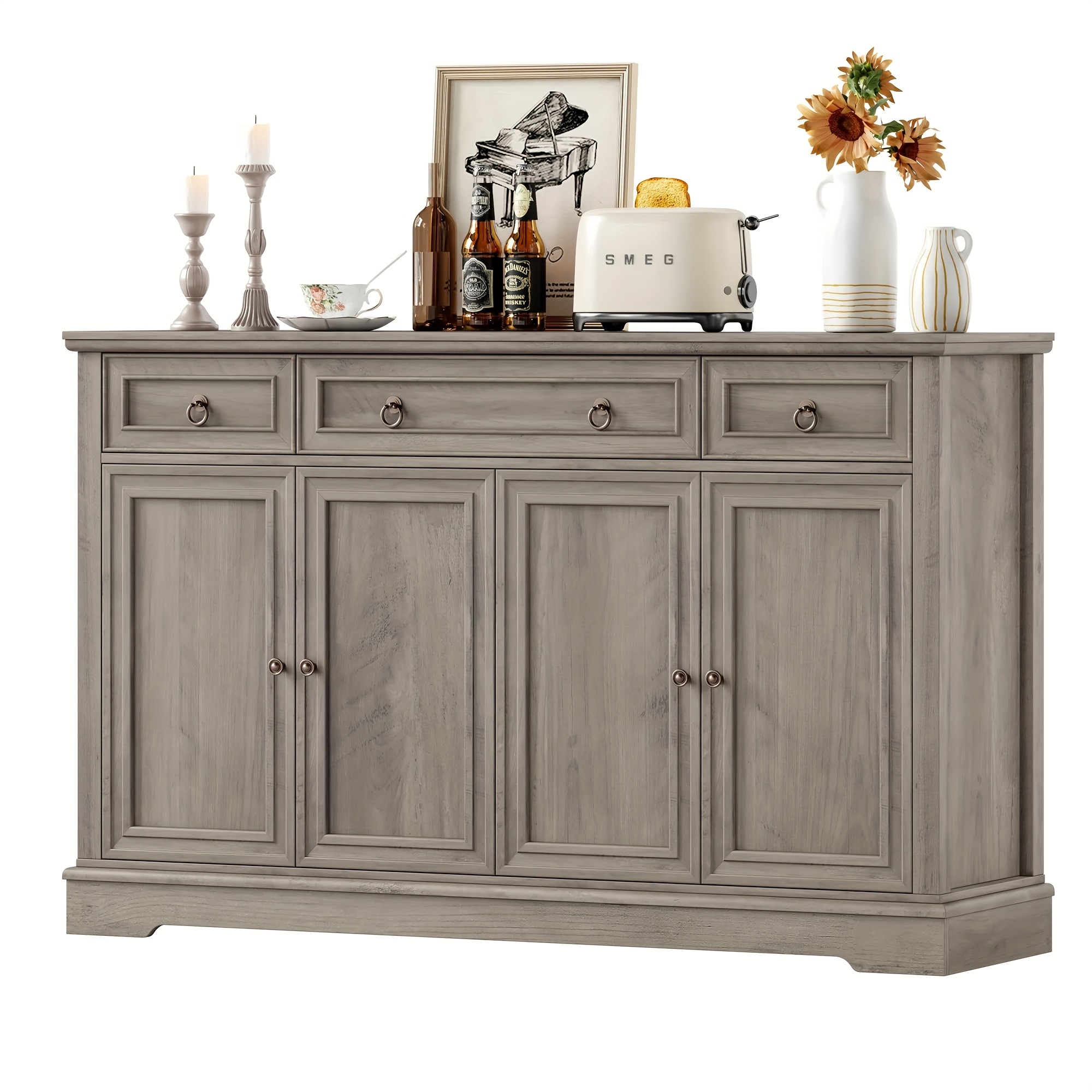Image of Kealive Kitchen Sideboard With Countertop, Dining Sideboard, Kitchen Auxiliary Furniture, Furniture, Living Room Sideboard, Hall Furniture, With 3 Drawers And , Adjustable Shelves, 134x87x40 Cm