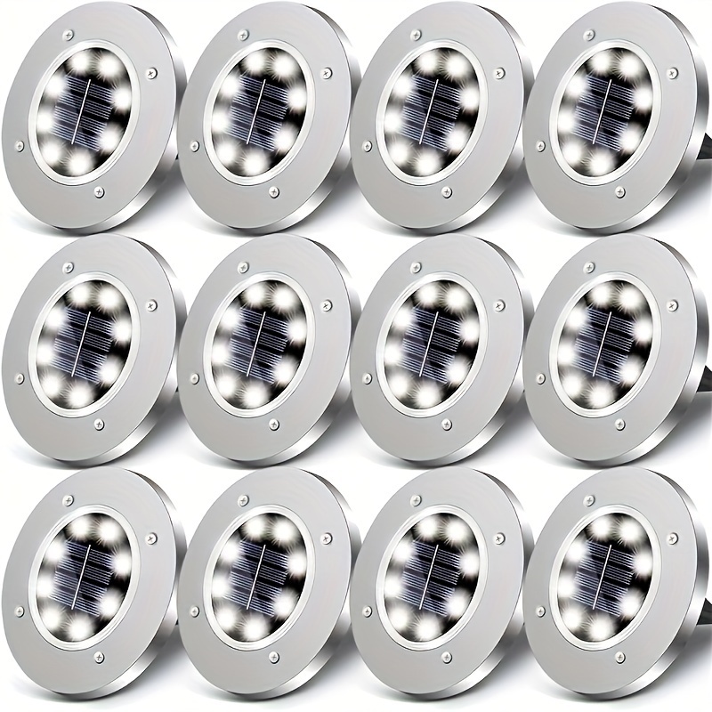 TEMU 4/8/12/24 Large-sized Solar Stainless Steel Underground Lights, 8 Led Light Bulbs, 4.5-inch Diameter Embedded Ground Lights, Sturdy And Durable,