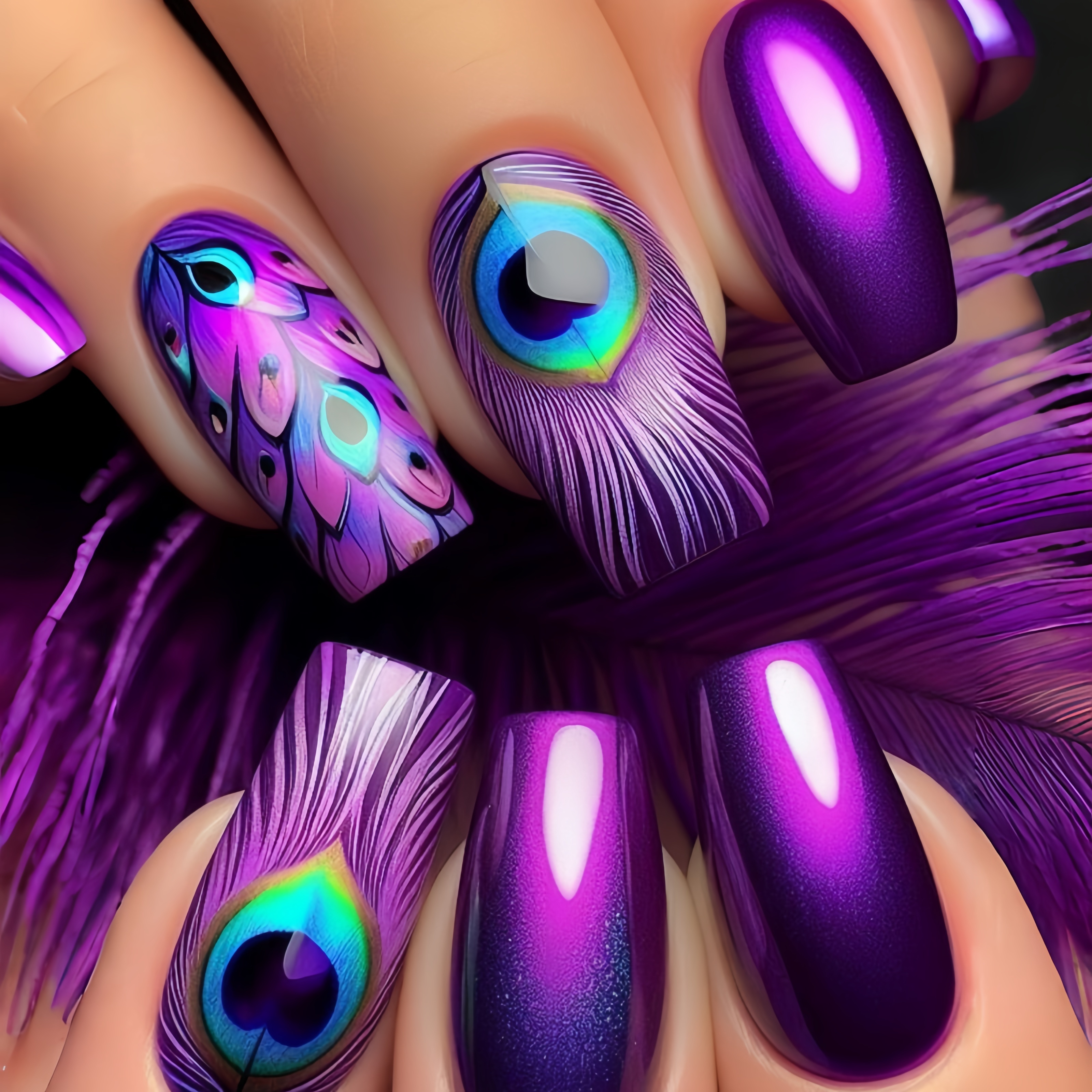 

Medium And Long Feather Pattern Nail Stickers, Removable 24pcs Finished Box Nail Art, Purple Nail Art, Dark Nail Art, Autumn And Hot-selling Nail Art