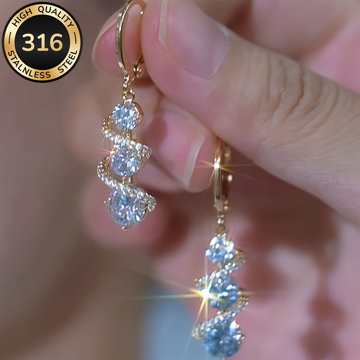TEMU 1 Pair French Bohemian Cubic Synthetic Zirconia Earrings Suitable For Weddings, Parties, Casual Attire - Twisted Drop Bead Dangle Hoops With