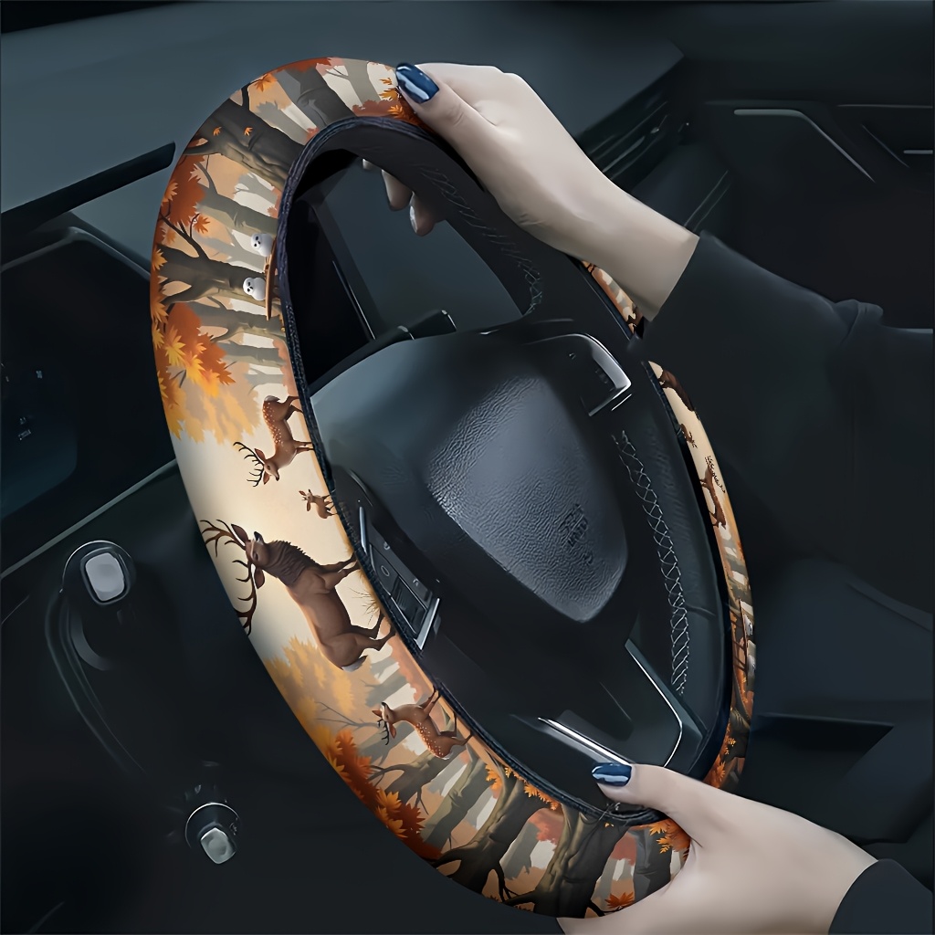 TEMU 1 pièce Housse de volant de voiture Instants sereins troupeau de cerfs d'automne, douce et respirante au , réduit la fatigue des mains, convient