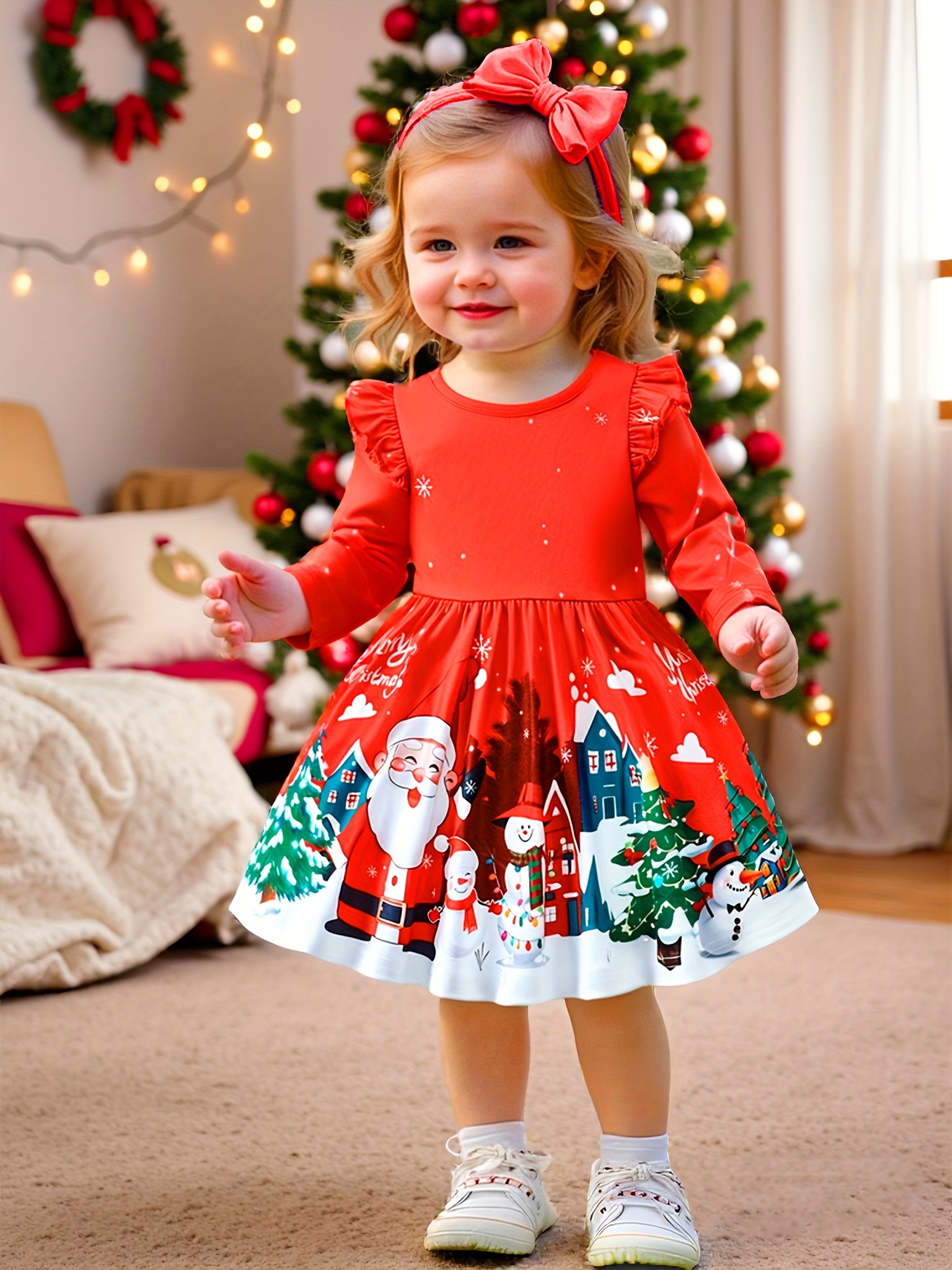 Baby Meisjes Kerstjurk met Santa Hoed - Lange Mouwen, Uitlopende Zoom, Zacht Rekbare Stof, Gemakkelijk Luiers Wisselen