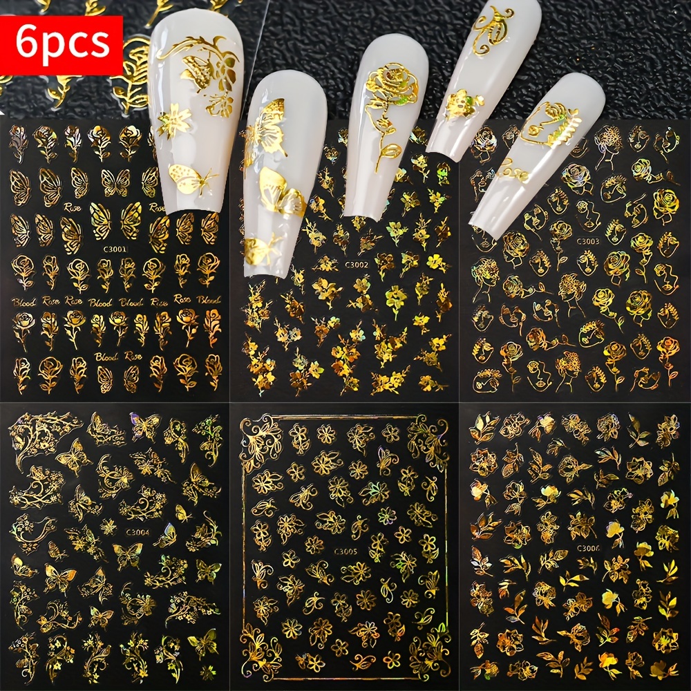 

6 Sheets 3d Laser Flower Nail Stickers, Self-adhesive Holographic Golden Floral Butterflies Nail Art Decals, Nail Art Decorations Nail Supplies For Women Girls Manicure Diy