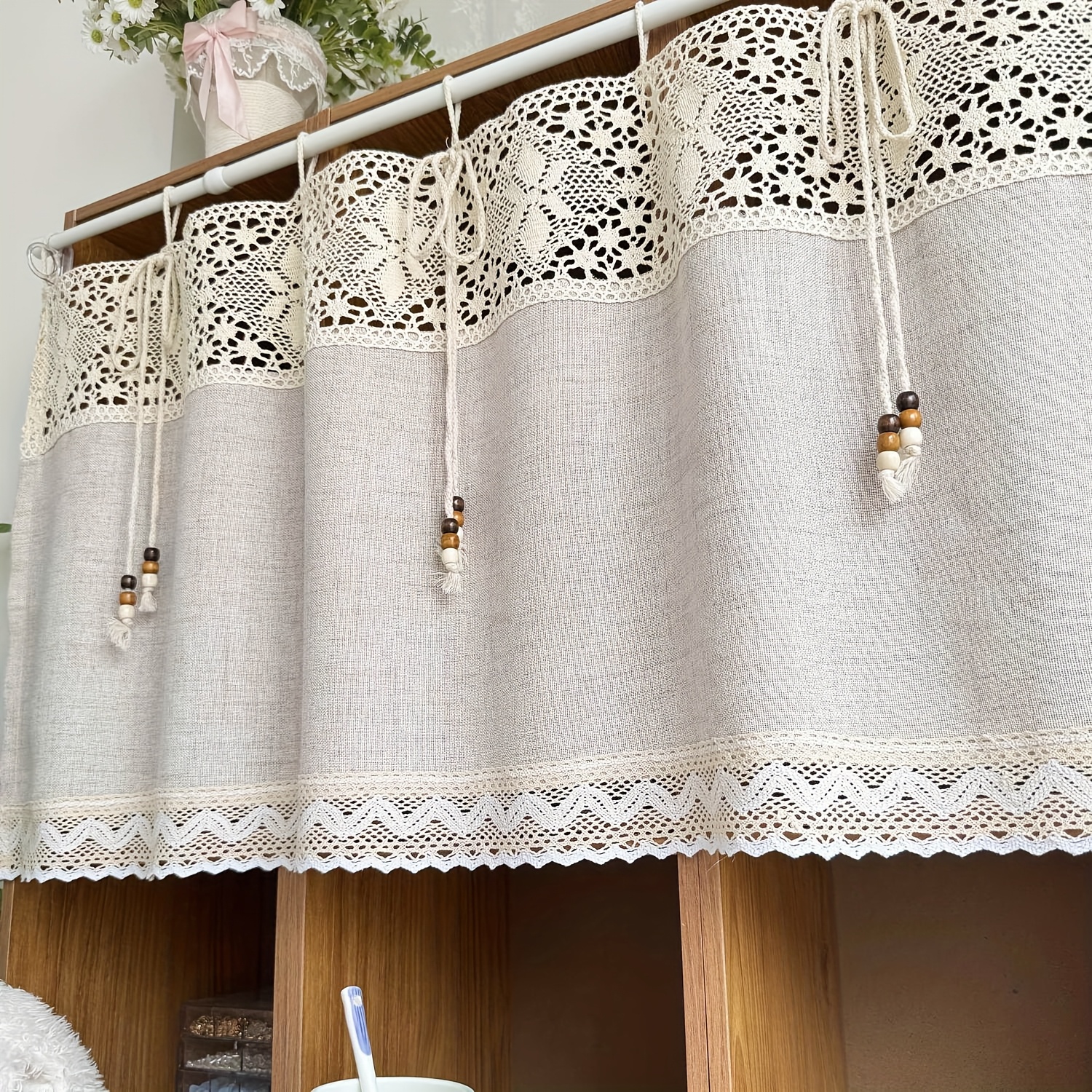 1pc, Bohemian Style Hollow Crochet Short Curtain, Strap , Suitable For Living Room, Kitchen, Cabinet, Farmhouse, B& Decor